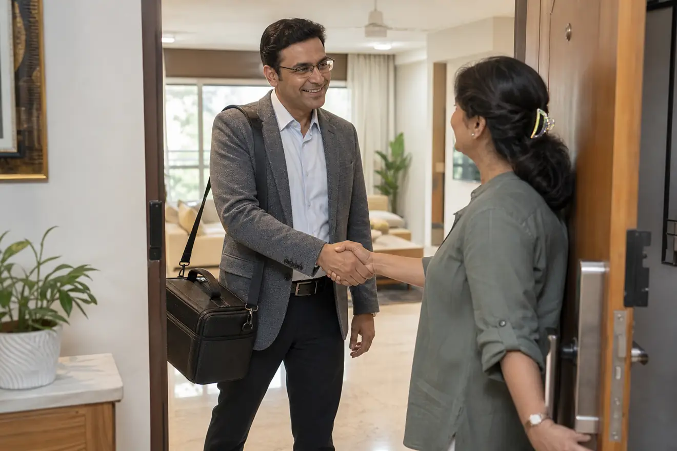 Dentoveda dentist arriving for a coordinated home dental visit