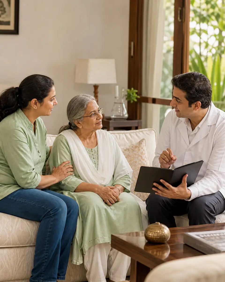 Home dental visit guidance for an elderly patient and caregiver by Dentoveda