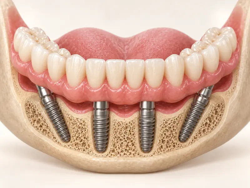 Full lower arch prosthesis supported by four dental implants