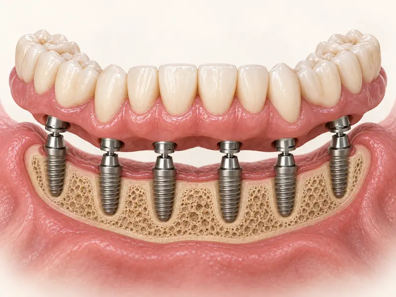 Full lower arch restoration supported by six dental implants