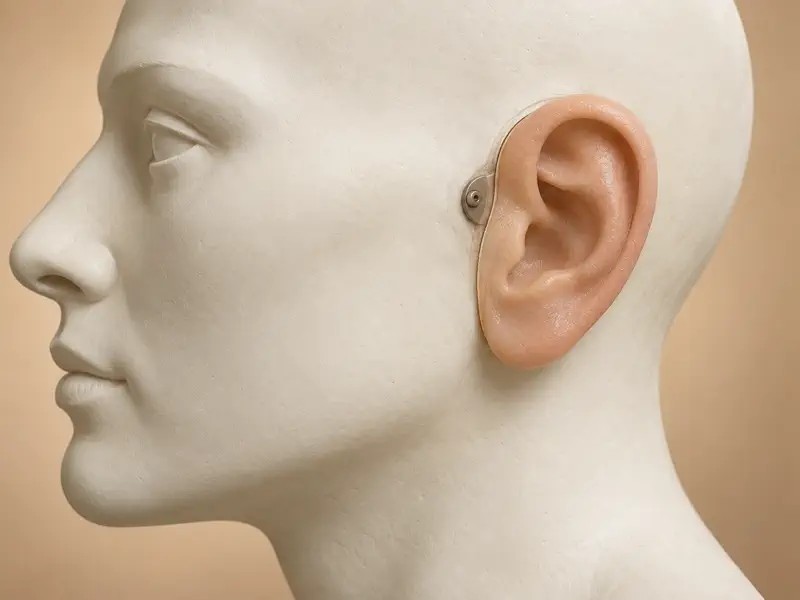 Skin-tone silicone ear prosthesis secured to a clinical facial model