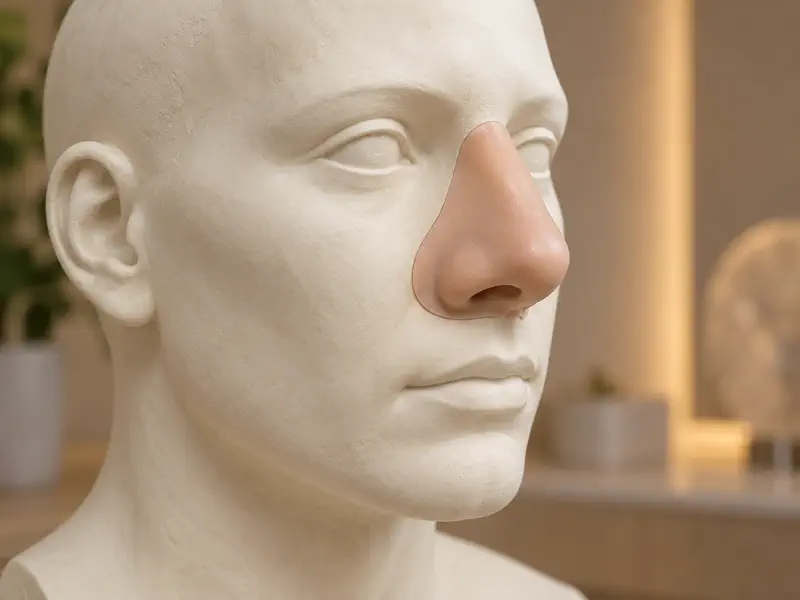 Skin-tone silicone nose prosthesis fitted to a clinical facial model