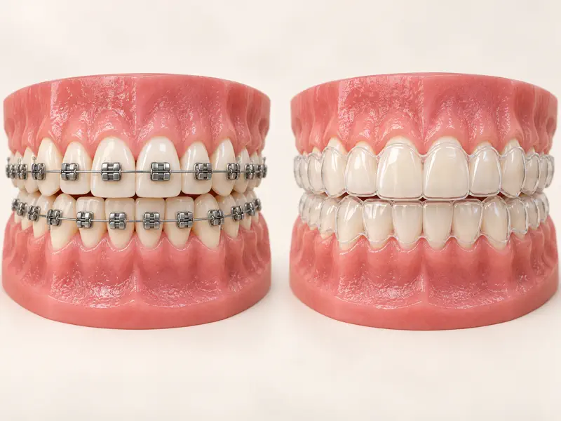 Metal braces and a clear aligner tray shown beside dental models