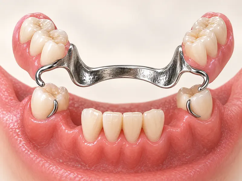 Cast metal partial denture framework supporting replacement teeth