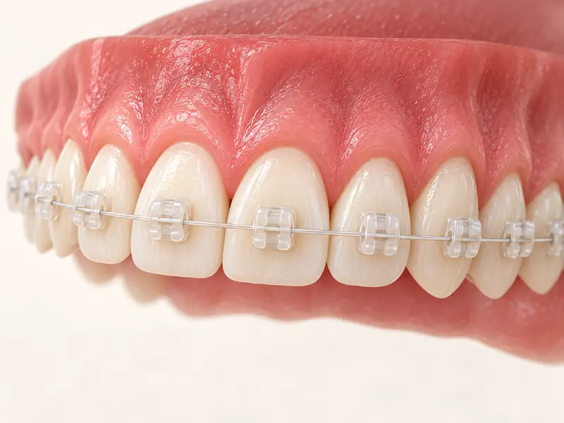 Tooth-coloured ceramic braces fitted to upper front teeth