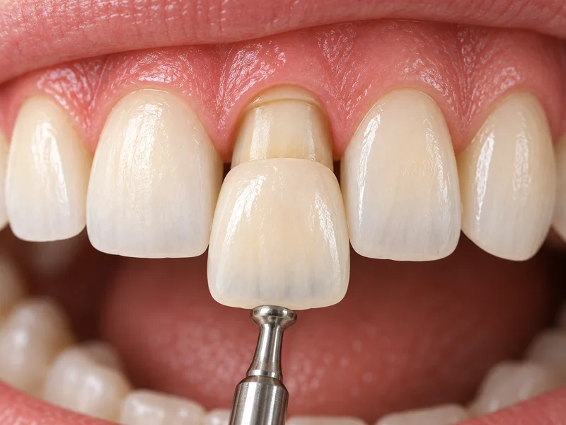 Layered ceramic crown being fitted over a prepared front tooth