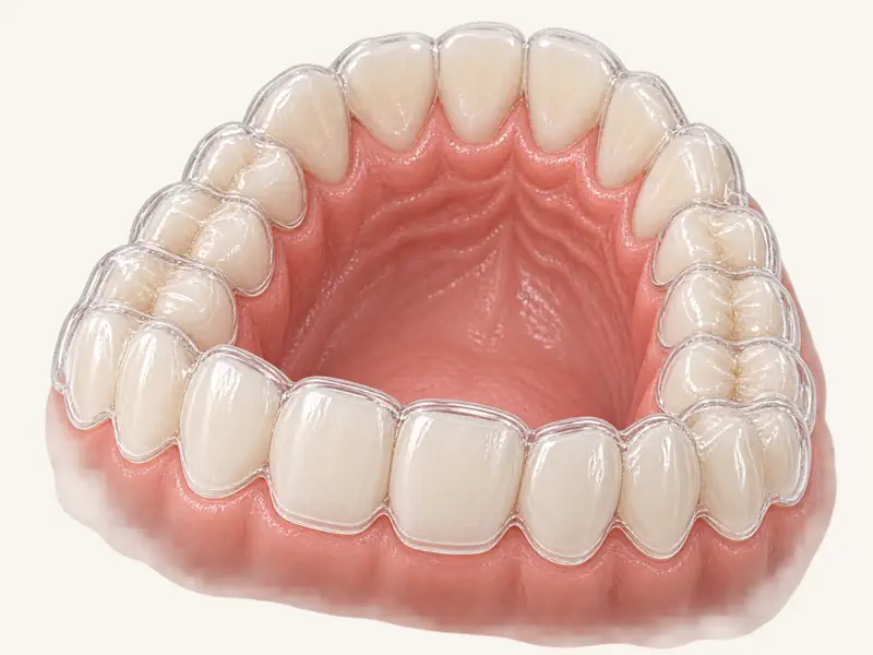 Transparent clear aligner tray fitted closely over a dental arch