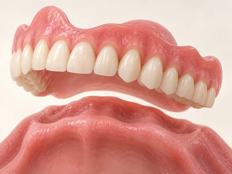 Complete upper denture aligned above an edentulous gum arch