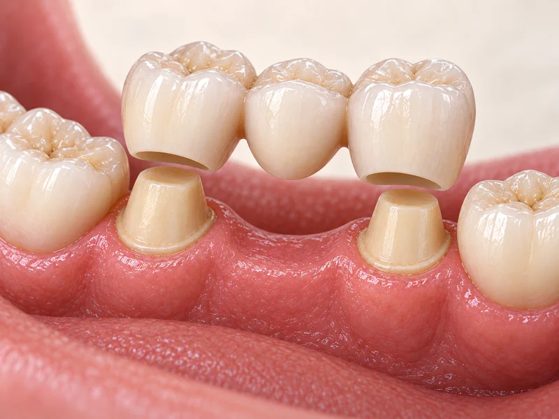 Three-unit dental bridge replacing one missing tooth between prepared teeth