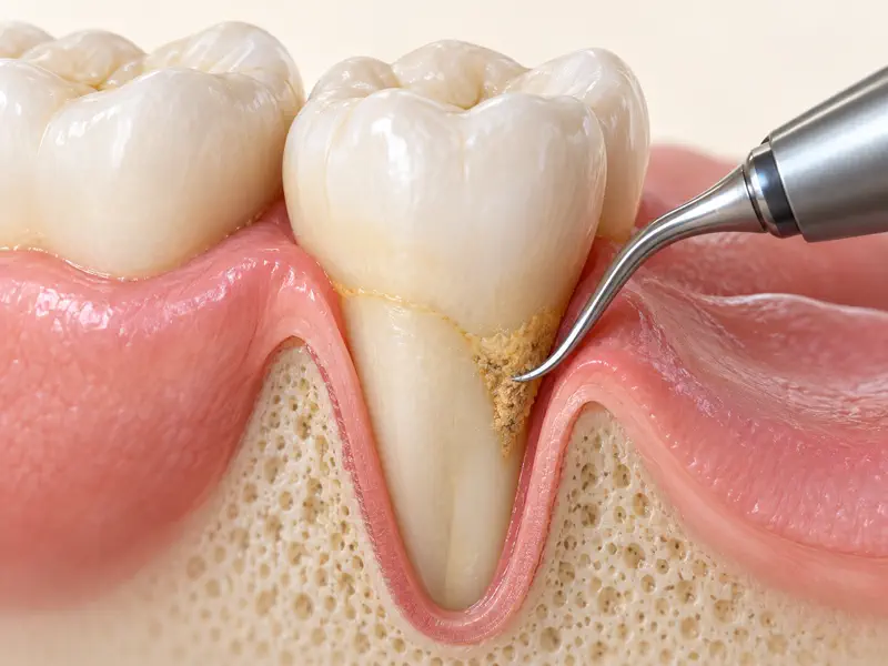 Ultrasonic scaler tip removing deposits below the gumline of a molar