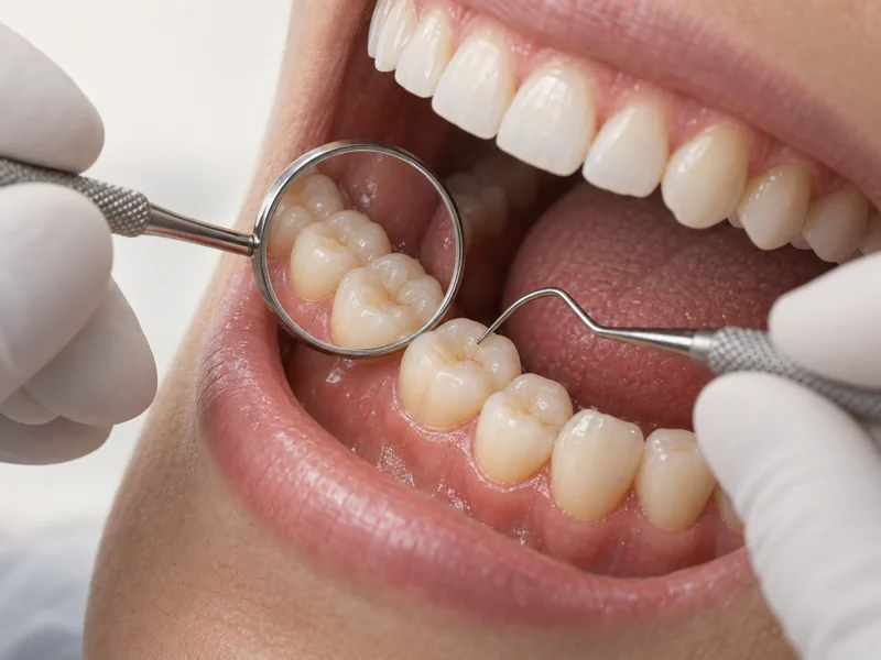 Close dental examination using a mirror and explorer on natural teeth