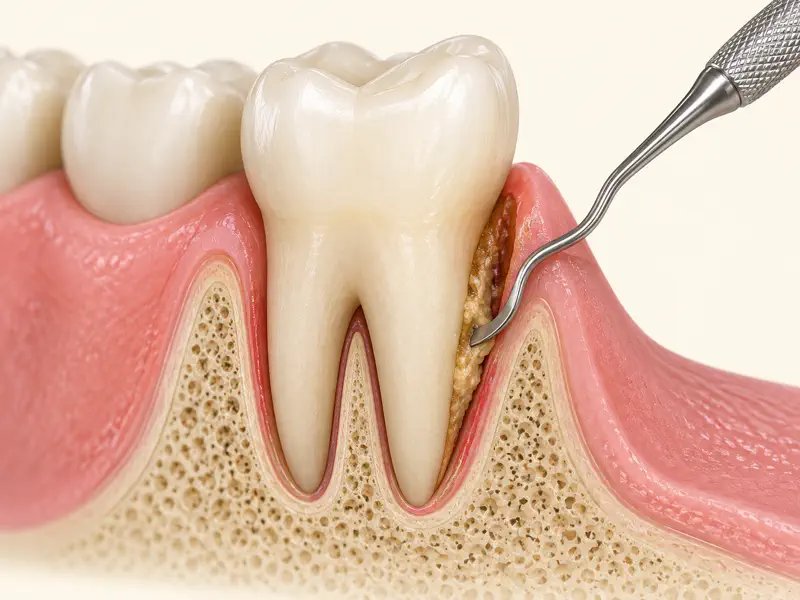 Dental curette cleaning a periodontal pocket beside a molar