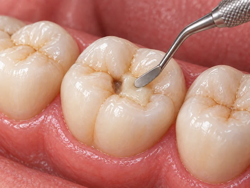 Tooth-coloured composite filling being shaped in a small molar cavity