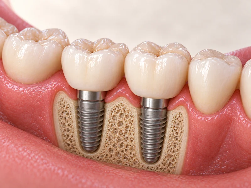 3D cutaway showing two dental implants supporting individual crowns