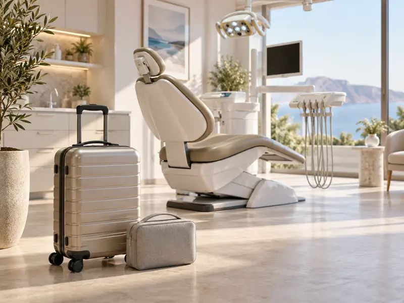Modern dental treatment room with travel luggage for visiting patients