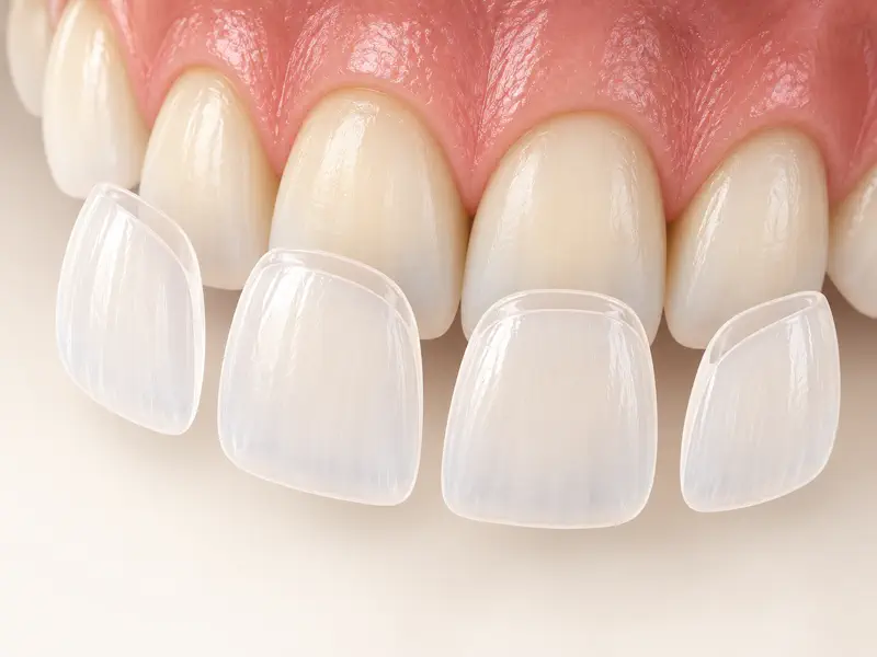 Thin ceramic veneer shells aligned in front of upper incisors