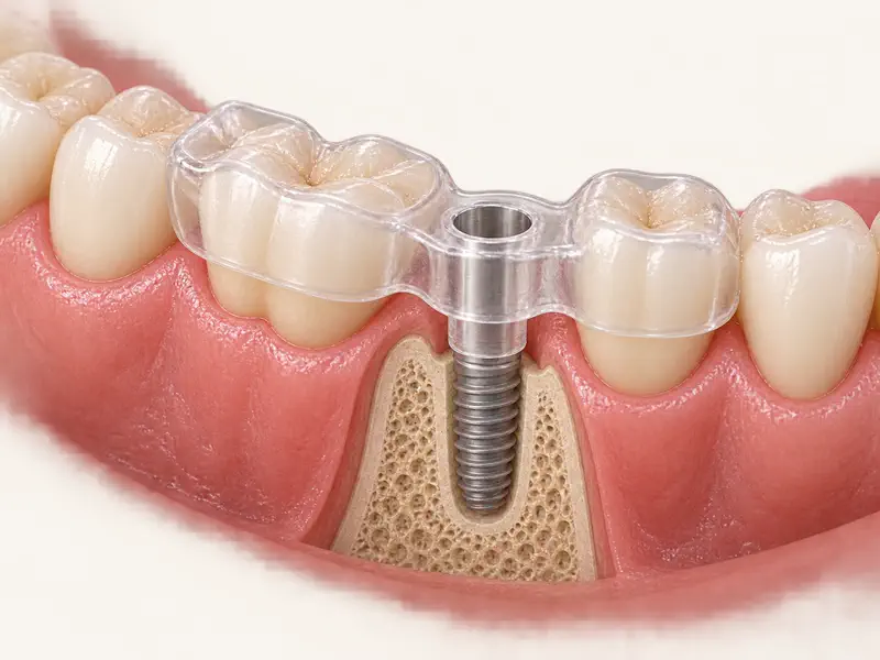 Transparent surgical guide positioned over a jaw for guided implant placement