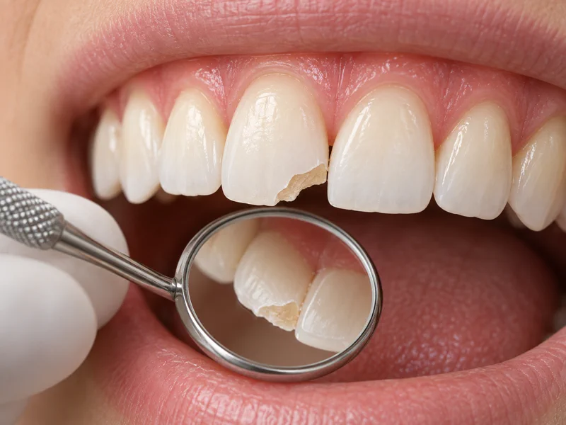 Dental mirror examining a fractured upper front tooth