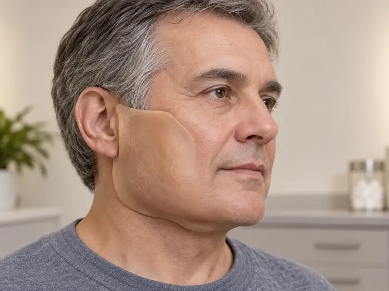 Custom silicone cheek and jawline facial prosthesis shown in place