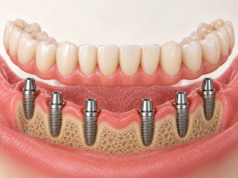 Fixed full-arch provisional teeth aligned over implant abutments