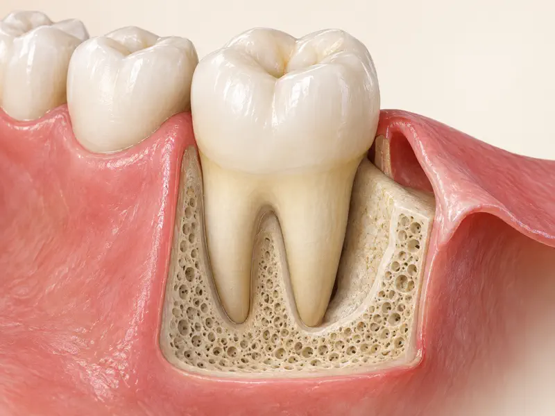 Clean periodontal cutaway showing a gently reflected gum flap around a molar