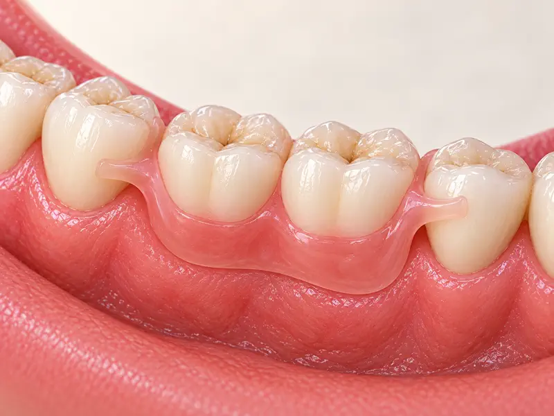 Flexible partial denture with gum-coloured clasp arms replacing missing teeth