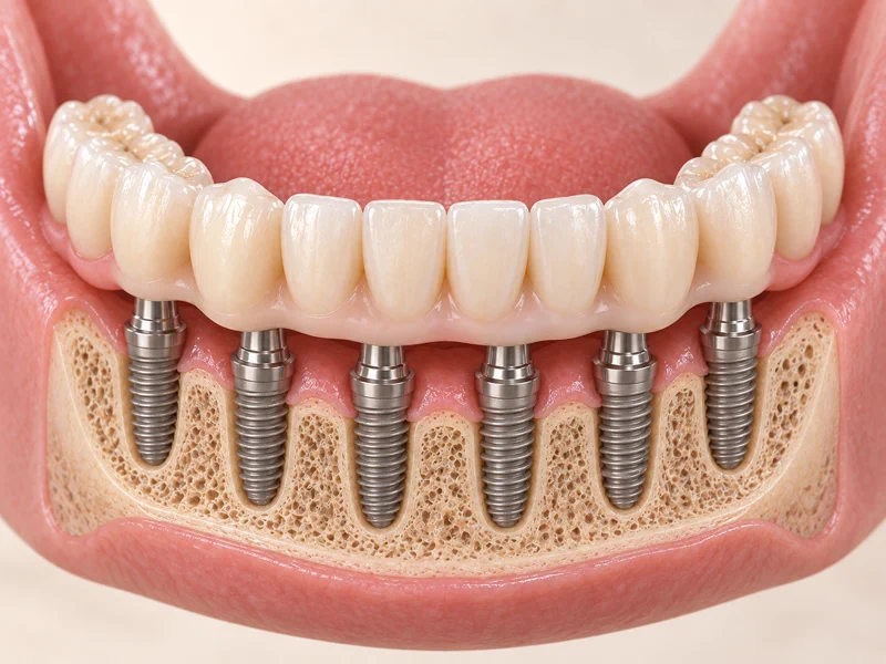 Full-arch fixed dental restoration supported by multiple implants