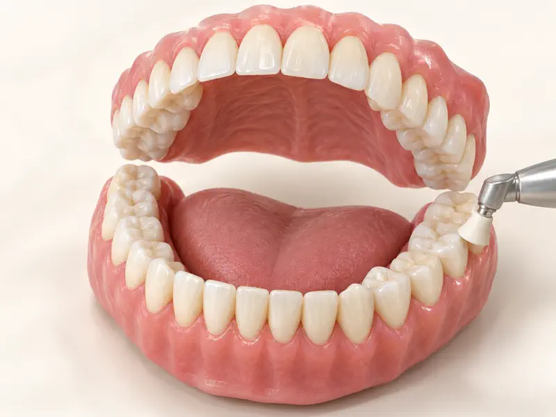 Full dental arch shown with a polishing cup for professional cleaning