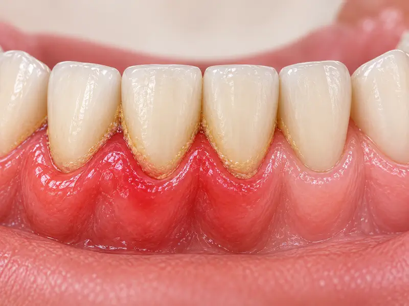 Inflamed gum margins and plaque around lower front teeth