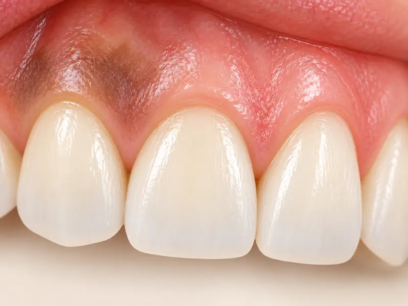 Gum tissue with natural pigmentation transitioning to an even pink tone
