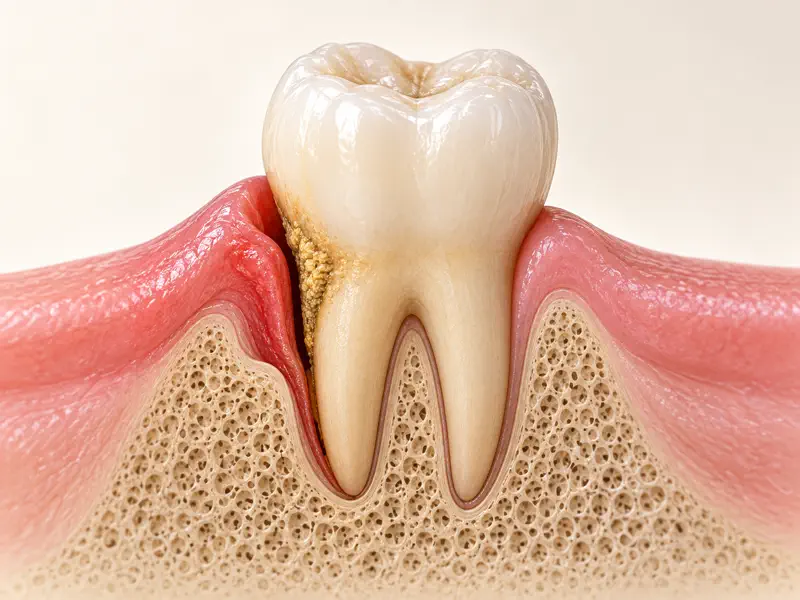 Periodontal cutaway showing a gum pocket and reduced support around a molar