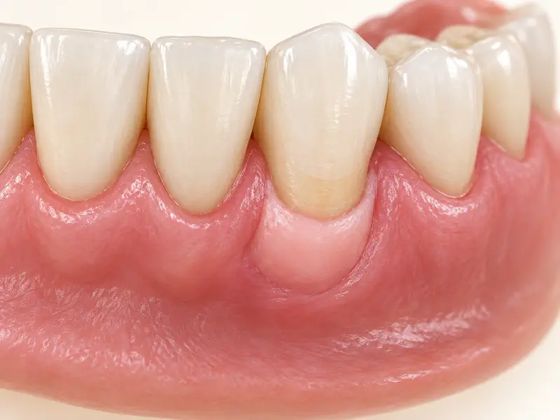 Soft-tissue graft covering a recessed gum area at an exposed tooth root
