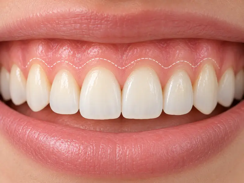 Upper smile with a gingival contour guide showing gumline proportion planning