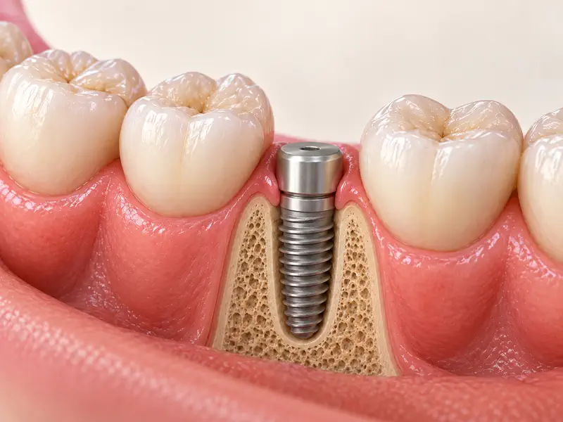 3D cutaway of a dental implant placed immediately after a single tooth extraction
