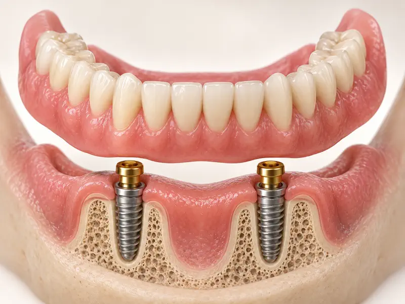 Lower implant-supported denture aligning with two implant attachments