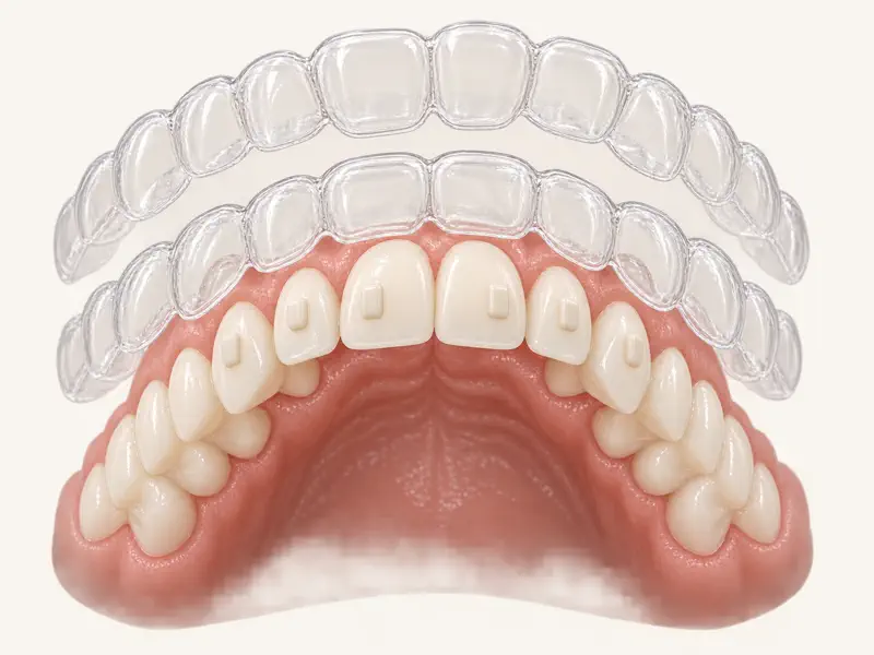 Sequential clear aligner trays shown above upper teeth with small attachment shapes