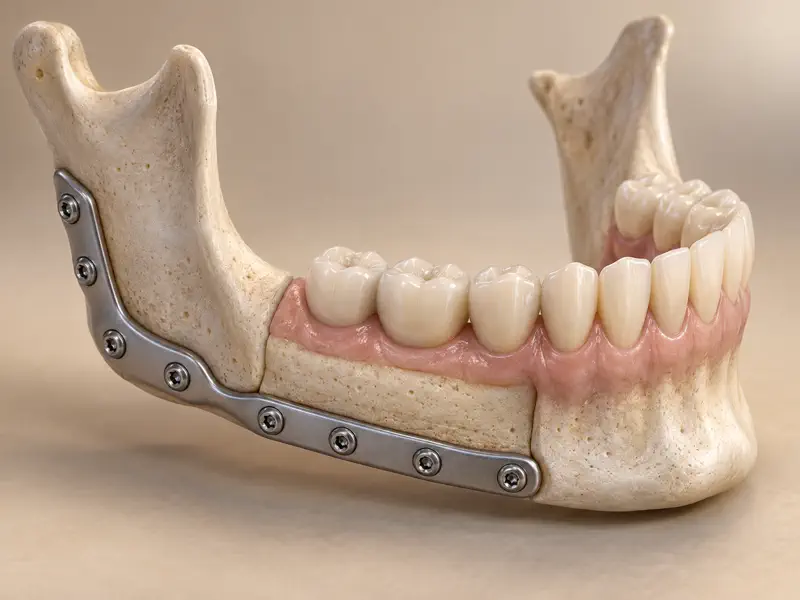 Reconstructed lower jaw with titanium plate and prosthetic replacement teeth