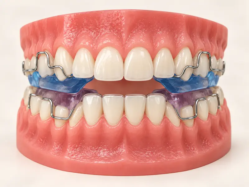Functional jaw-growth appliance positioned between upper and lower developing teeth