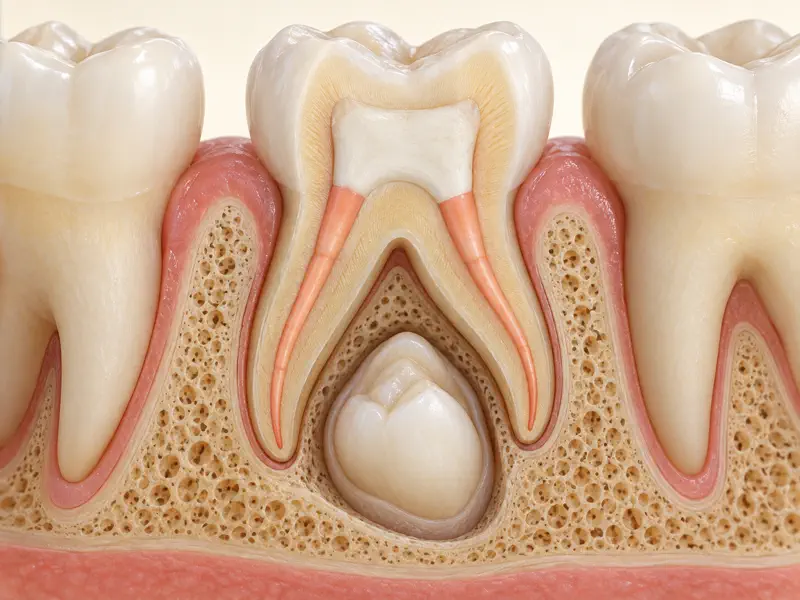 Primary molar cutaway with treated root canals above a developing permanent tooth