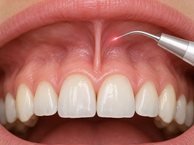 Labial frenum between the upper lip and gum with a laser treatment tip