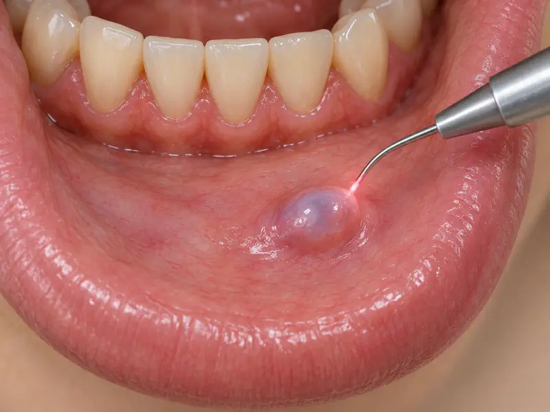 Laser tip beside a small mucocele on the inner lower lip