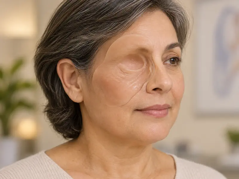 Custom silicone midface prosthesis fitted over a cheek and eye-area contour