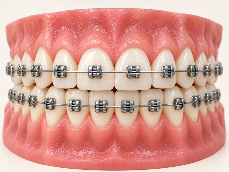 Stainless steel brackets and an archwire fitted to front teeth