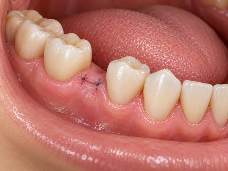 Healed minor oral surgery site with fine sutures beside lower teeth