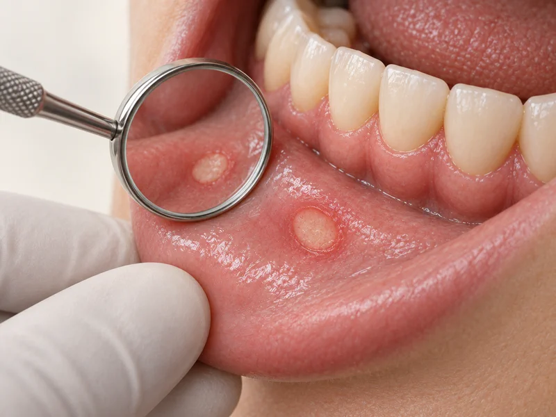 Dental mirror examining a small ulcer on the inner lower lip