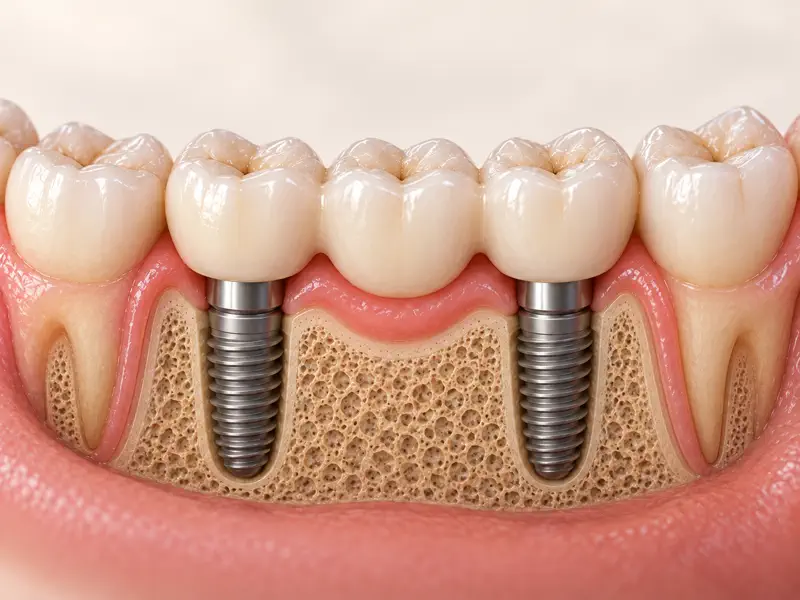 3D cutaway showing an implant-supported bridge replacing multiple teeth