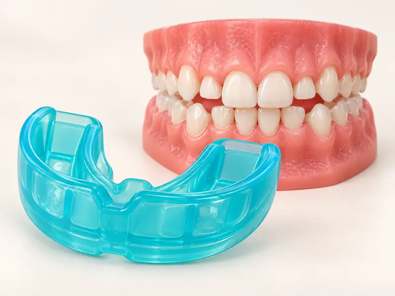 Soft myofunctional orthodontic appliance shown with a child-sized dental model