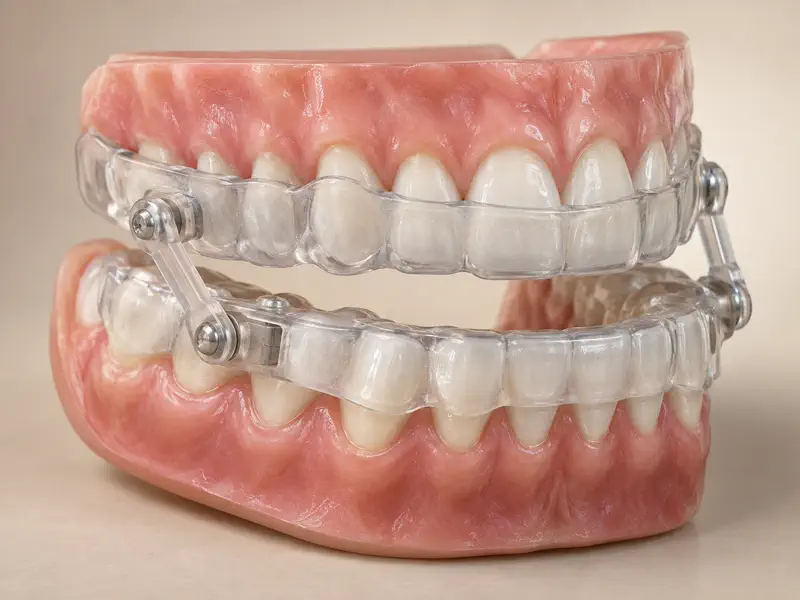 Two-piece mandibular advancement appliance connected across upper and lower teeth