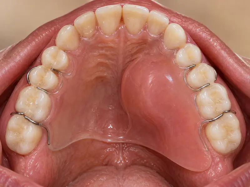Clear and pink obturator prosthesis seated across the upper palate