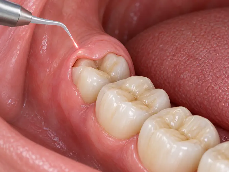Gum hood covering a partially erupted back tooth with laser treatment tip